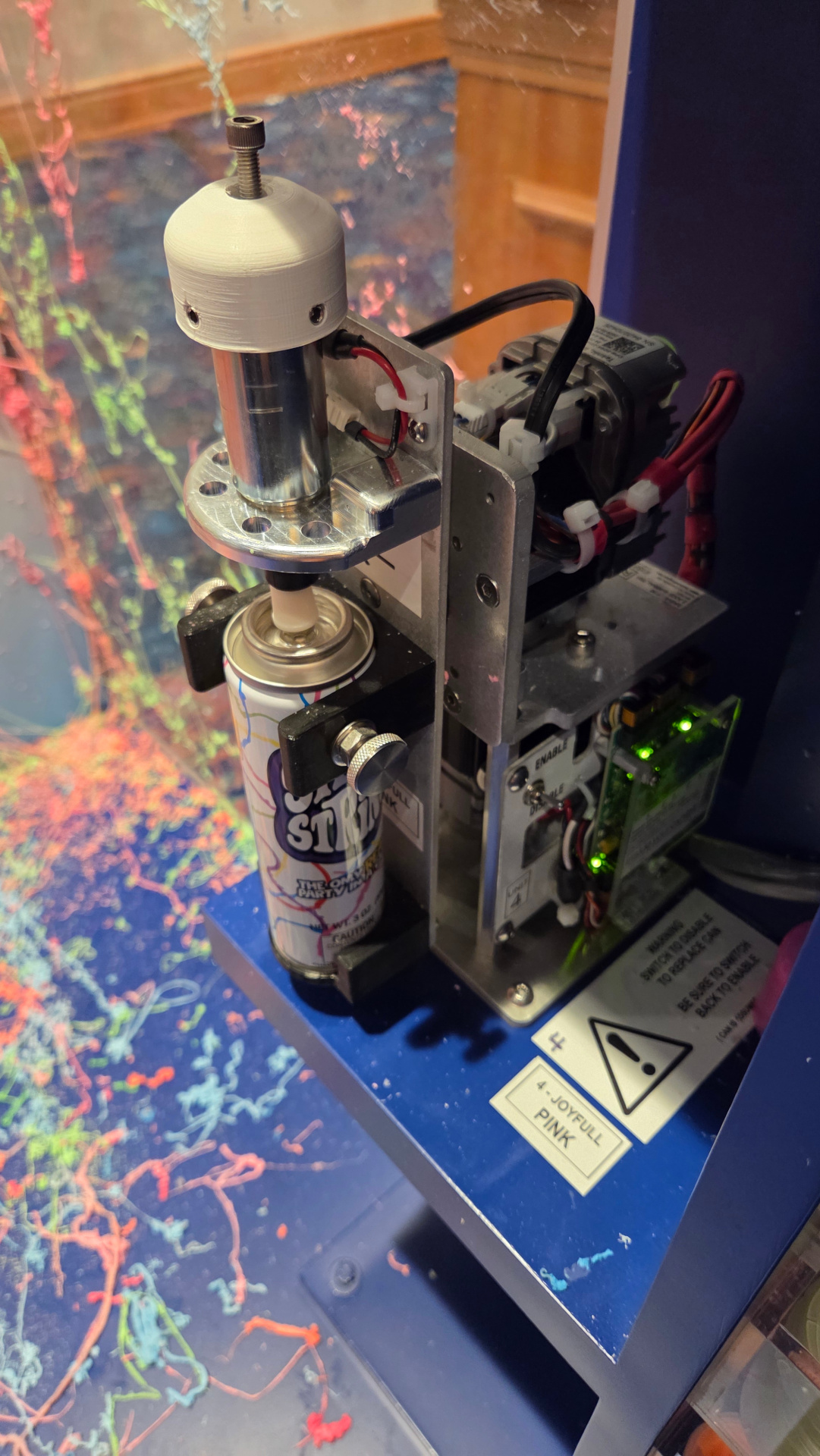 Close up of the 2 axis gimbal, loaded with a silly string can